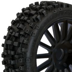 Maxi Cross 1/8th pre-glued buggy tyres on black spoked wheels pair