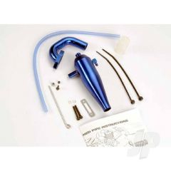 Aluminium tuned pipe & header (complete with mounting hardware) (strong power across mid and upper RPM range) (blue-anodized)